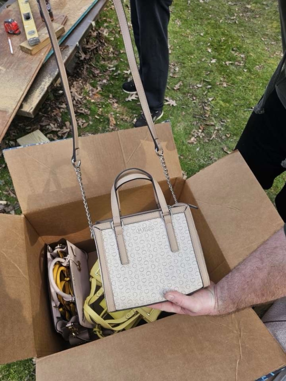 Guess Cream Monogram Mini Tote with Tan Trim and Silver Chain Strap